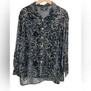 Vintage Jenny Helene Velvet Burnout Button Front Long Sleeve Navy Blouse - M